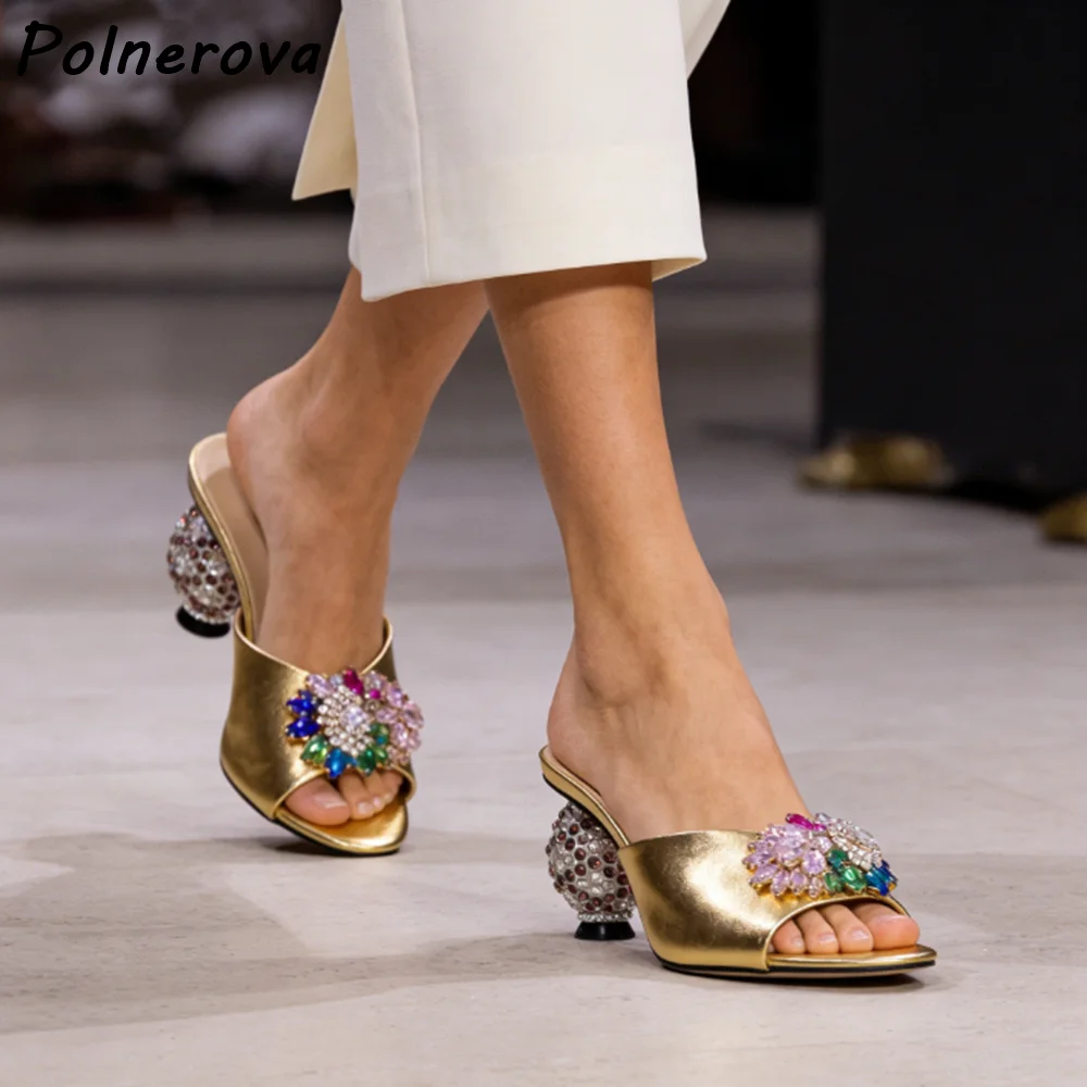 

Босоножки на каблуке с кристаллами и стразами, золотые, с открытым носком, необычный дизайн, летние женские туфли для улицы, роскошная обувь