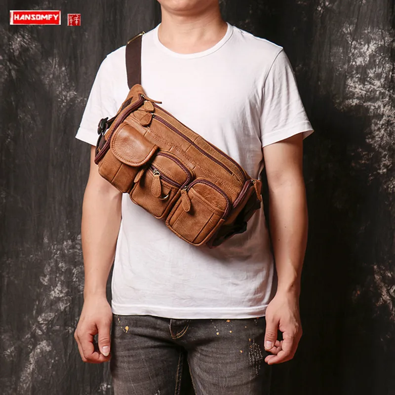 LuxuryNew Genuine Leather Men's Chest Bag Waist Pack Outdoor Sports Shoulder Bag Multi-Function Messenger Bags