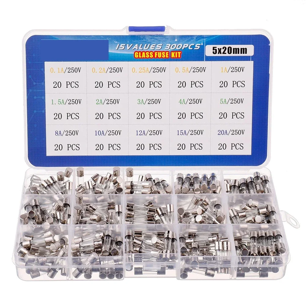300pcs Fast-Blow Glass Fuses Assortment Kit 5x20mm 250V 0.1 0.2 0.25 0.5 1 1.5 2 3 4 5 8 10 12 15 20A amp packag in Plastic Box
