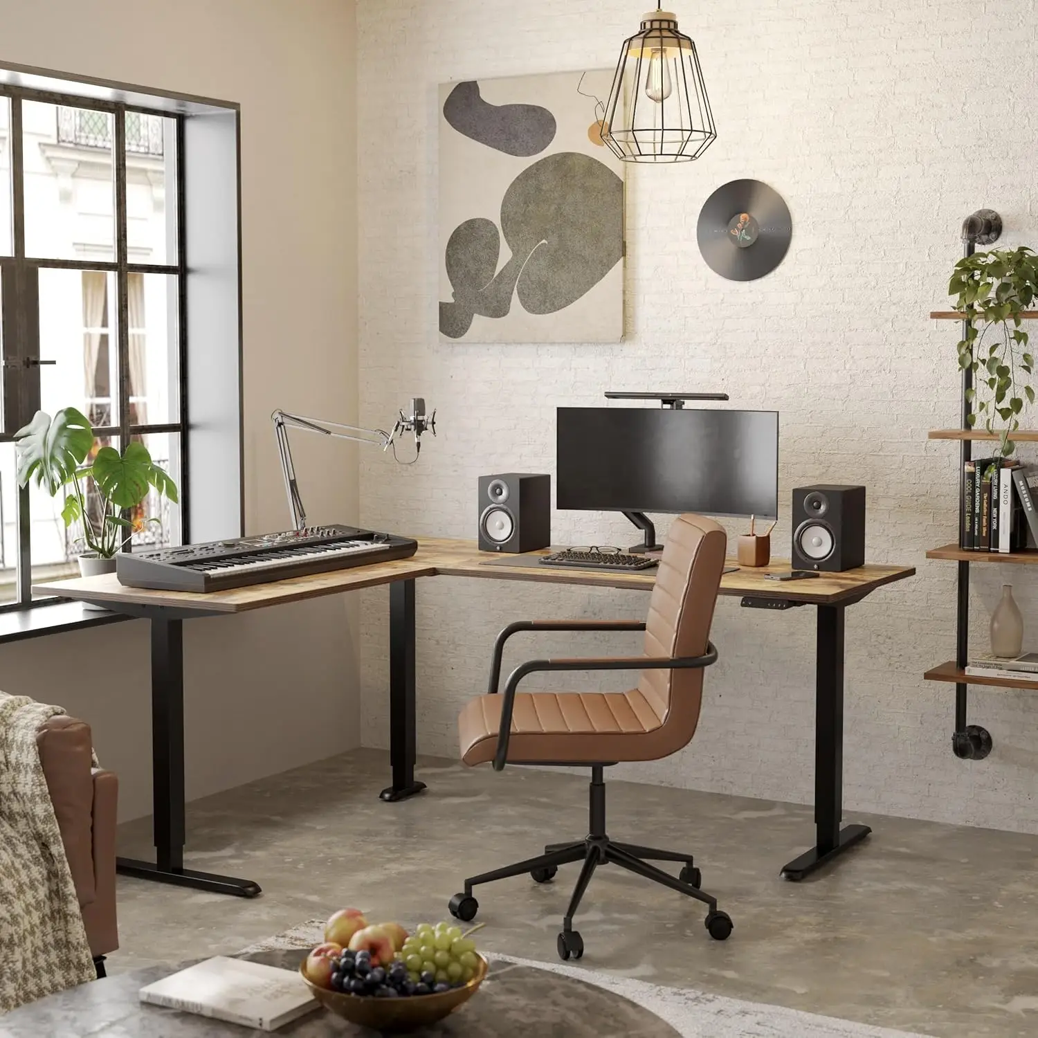 

L Shaped Electric Height Adjustable Standing Desk Corner Table Rustic Brown, Customized