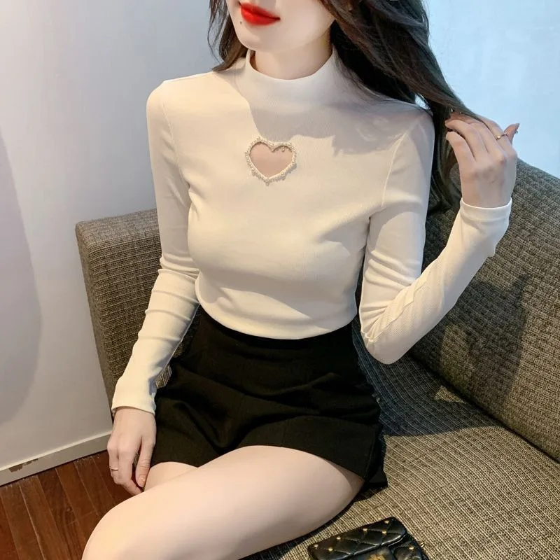 Half High Collar T-shirts Women Plus Velvet Thermal Love Pearls Hollow Out Long Sleeve Underlay Tops Slim Sexy Design Fashion