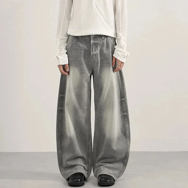 Vintage Men's Jeans Washed Casual Cleanfit Contrast Color Denim Pants Loose Wide Leg All-match Fashion Male Trousers