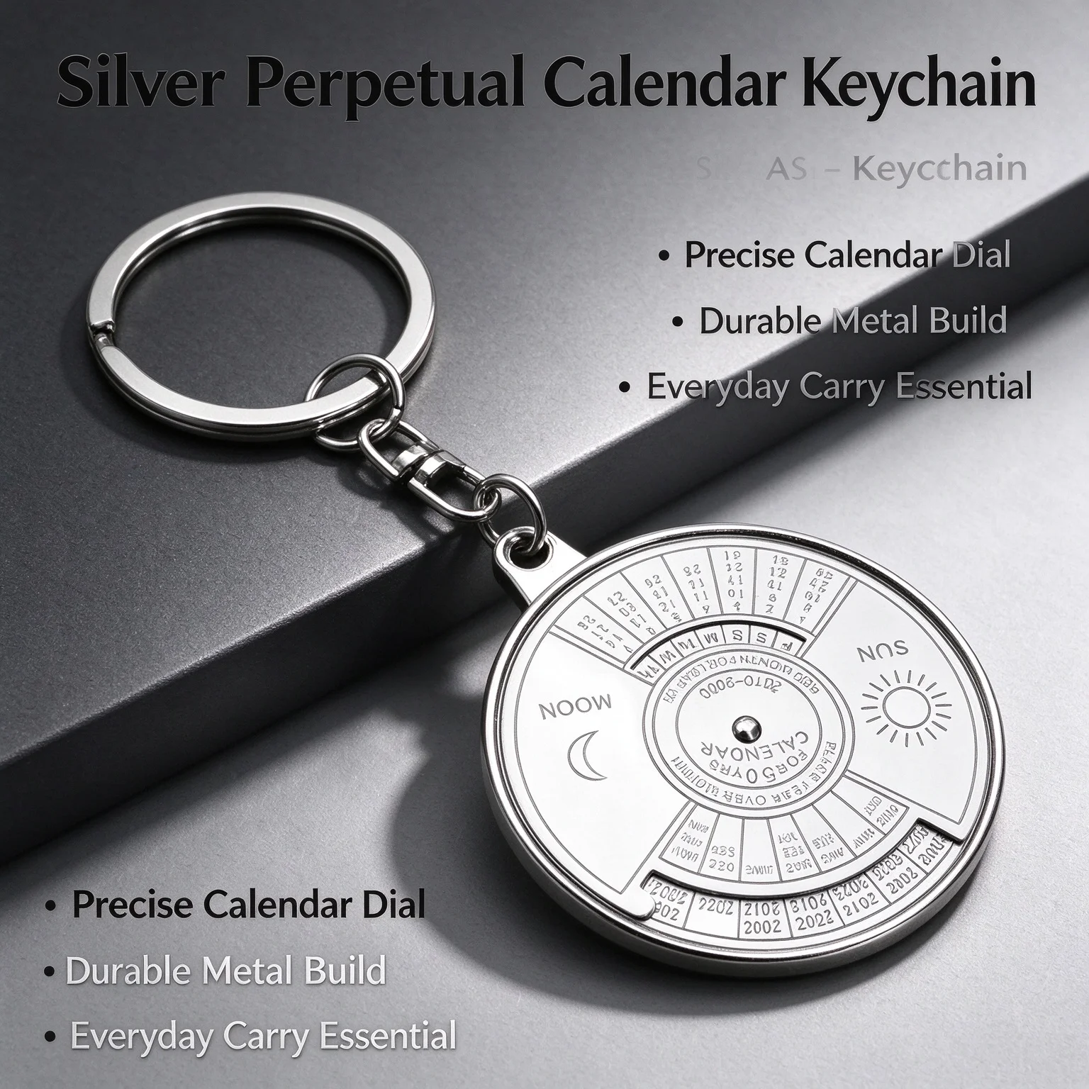 2010-2060 Perpetual Calendar Keychain Sun Moon Carved Rotatable Metal Keyring, Mini Permanent Calendar Charm Key Accessory Gift