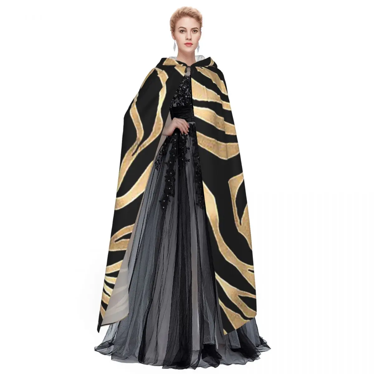 أنيقة معدنية الذهب زيبرا الأسود الحيوان طباعة طويلة مقنعين عباءة الساحرة القرون الوسطى زي تأثيري كيب HalloweenParty الكبار للجنسين