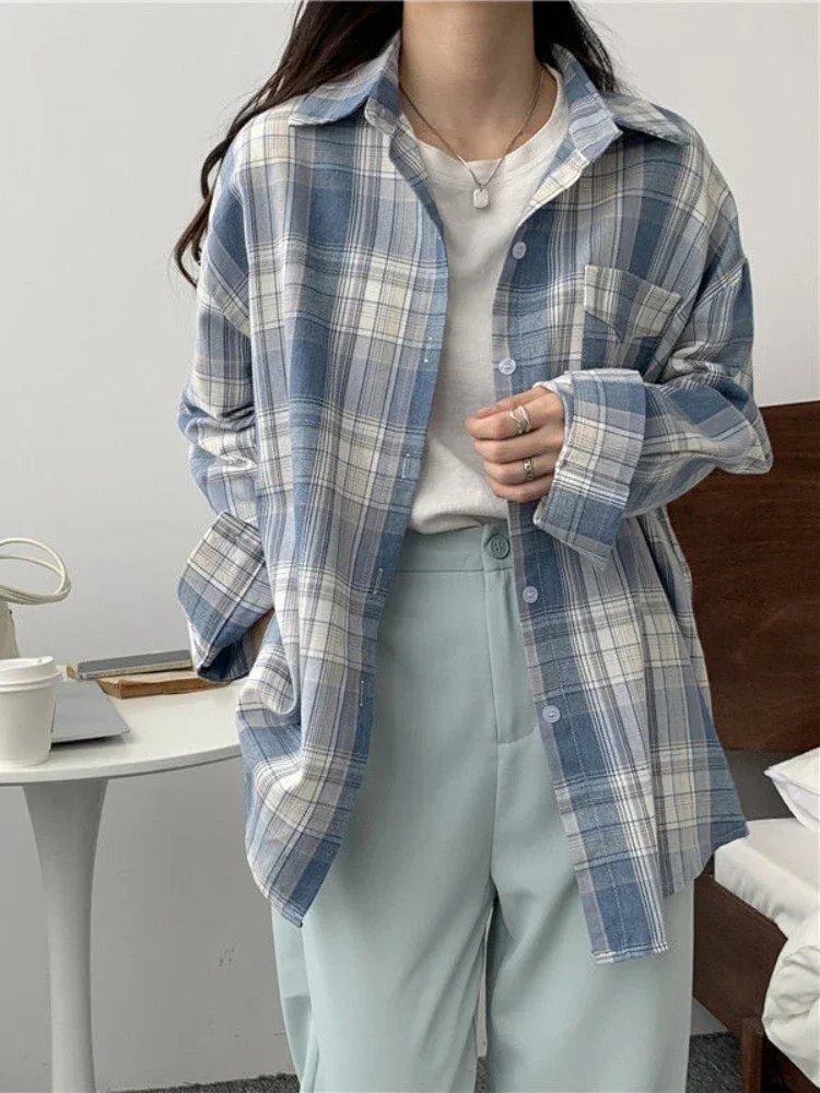 Blusa informal de manga larga para mujer, camisa coreana holgada de longitud media a cuadros para invierno, Tops con cuello vuelto a la moda para mujer