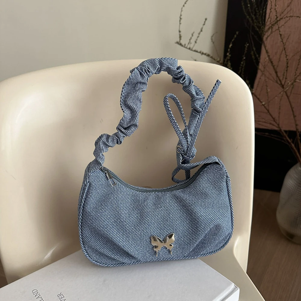 

Butterfly Decorated Pleated Strap Crossbody Bag Solid Color Women Hand Tote Multiple Colors Shoulder Purse Classic Design Pack