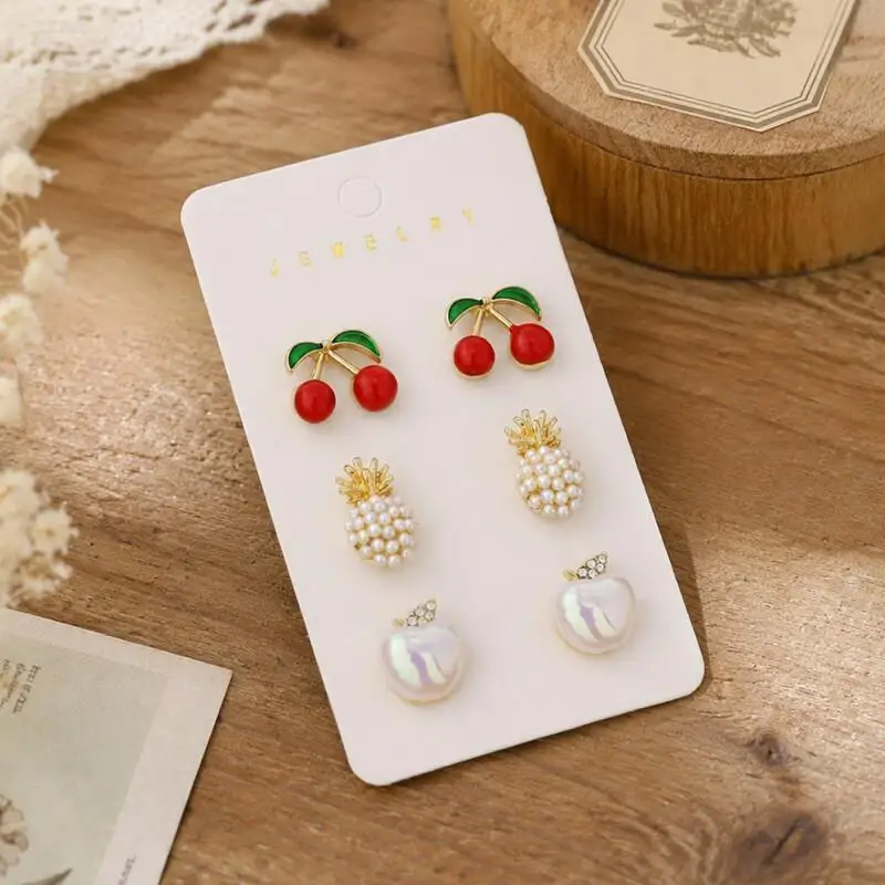 Set of 3 pairs of fruit stud earrings (cherry, pineapple, apple), cute small earrings for women and girls