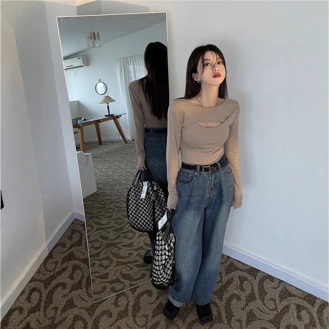 Patch Hole Sexy Kpop T-shirts Women Long Sleeve Winter Tops Korean Fashion Slim Tees Shirts Vintage Cheap Clothes Woman T-shirts