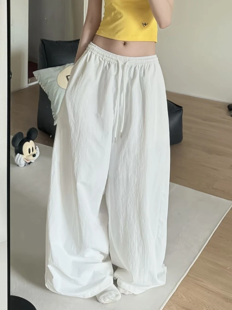 HOUZHOU White Oversized Women Pants Casual Embroidery Baggy Trousers Korean Style Basic Black Wide Leg Parachute Pants Joggers