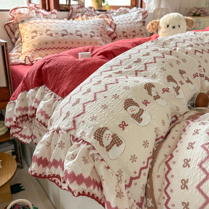 1ps Double-layer Gauze Duvet Cover with Ruffles Single/Queen/King Size Snowman Printed Quilt Cover housse de couette 220x240