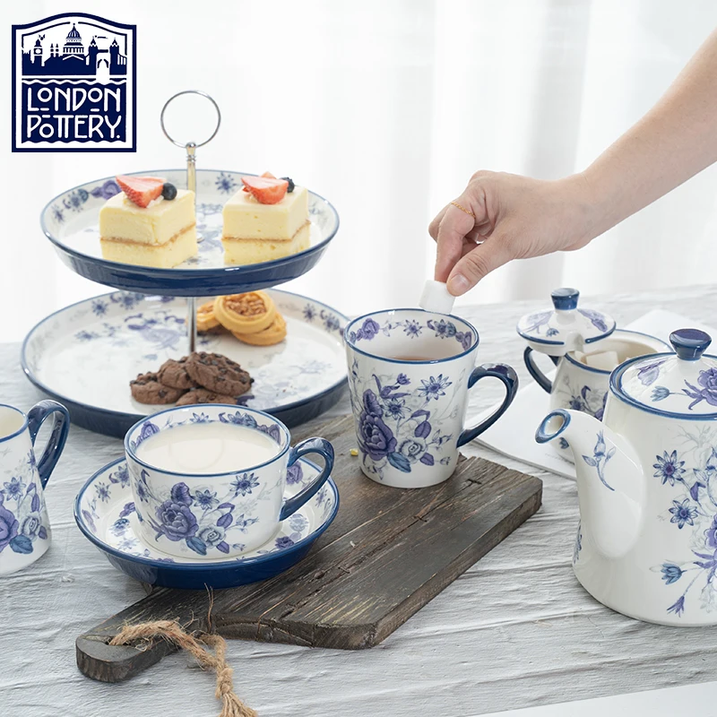 LondonPottery Blue Rose Range Afternoon Tea Set Ceramic Coffee Cup Saucer Sugar Jar Creamer Teapot with Infuser Mug Cake Stand