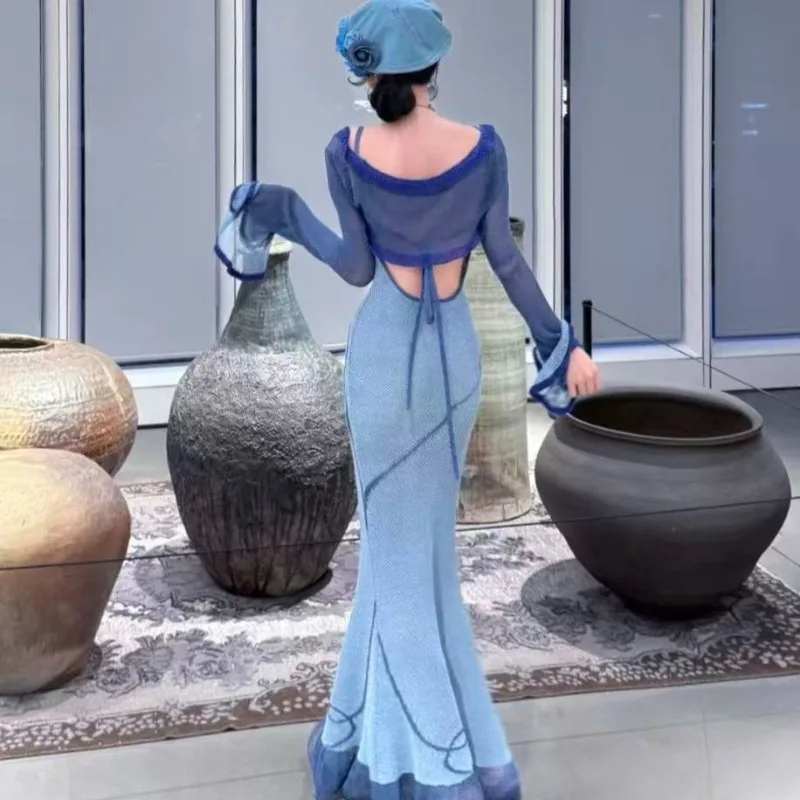 2025 Winter New Original Knitted Jacquard Fishtail Suit Dress Cool and Elegant Lady Princess Style Bar