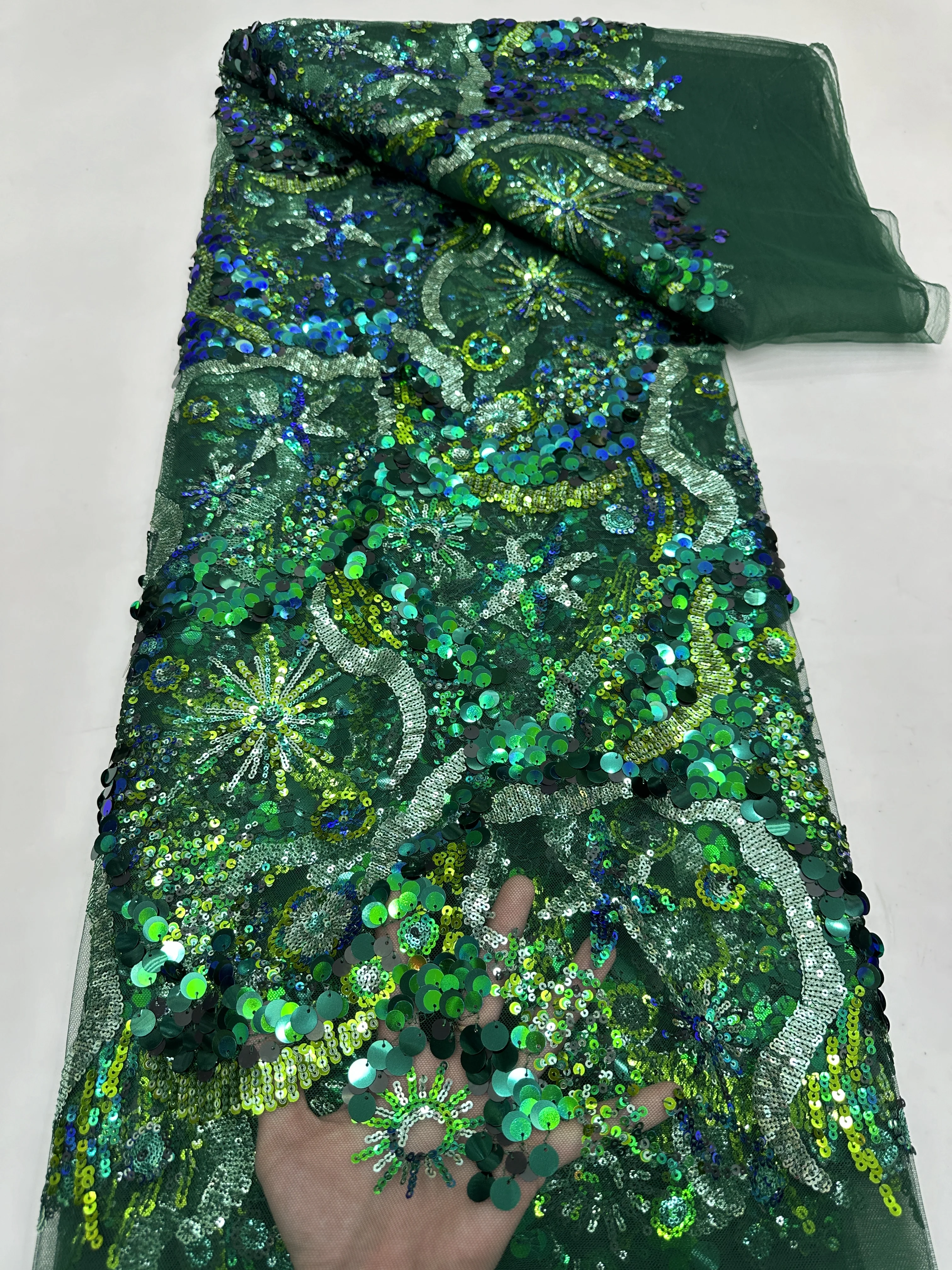 2025 Heavy New Arrival Fashion Design Africa Handmade Gorgeous Sequins Tulle Lace Top Quality For 5yards Party Evening Dresses