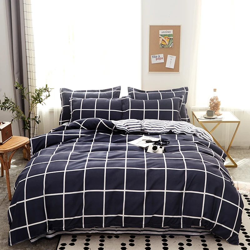 Plaid Pattern Bedding Duvet Cover Set Geometric Printed Thickened  Soft Zipper Closure Corner Ties White Grid Black Duvet Covers