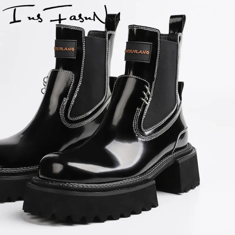 

British Style Mixed Color Women Ankle Boots Fashion Thick Heel Platform All Match Motorcycle Boots Mujer Runway Knight Botas New