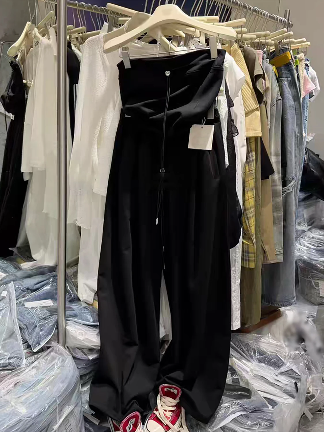 

Korean Style Sweet Spicy Black Casual Simple Strapless Tank Top Women's High Waist Slimming Wide Leg Straight Cut Pants Set