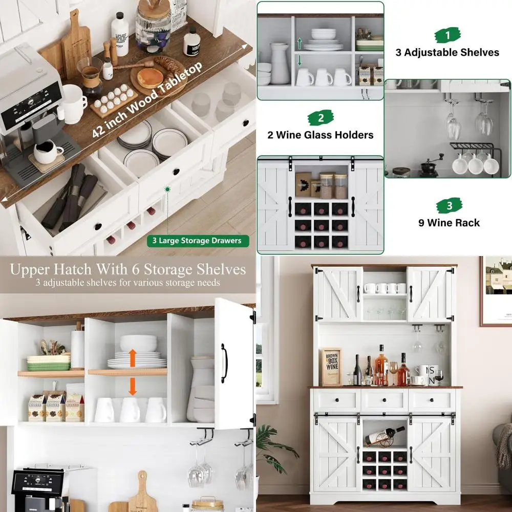 

72 Tall Kitchen Storage Cabinet with 3 Drawers, 9-Bottle Wine Rack, 6 Hooks, Sliding Door & Adjustable Shelves, White