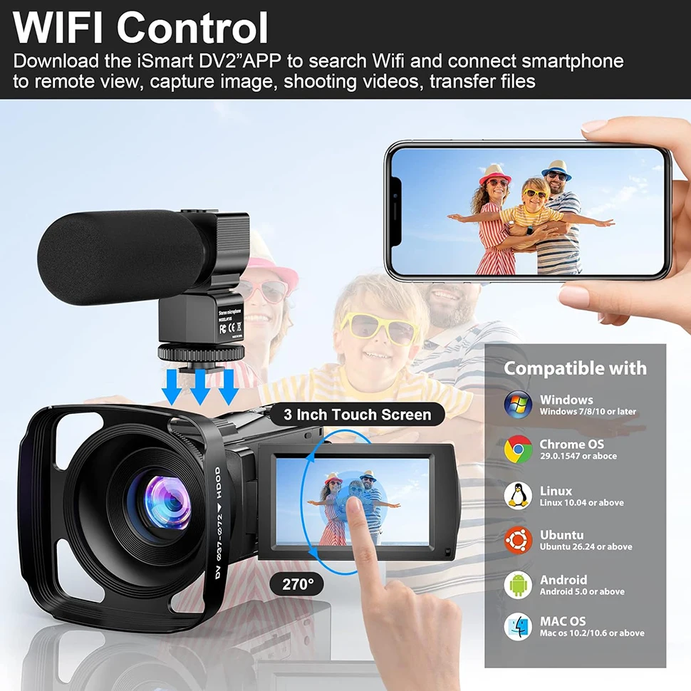 5K Video Camera Camcorder 48MP Wifi Night Vision LED Lights Vlogging Camera for YouTube 16X Digital Zoom Touch Screen Camera