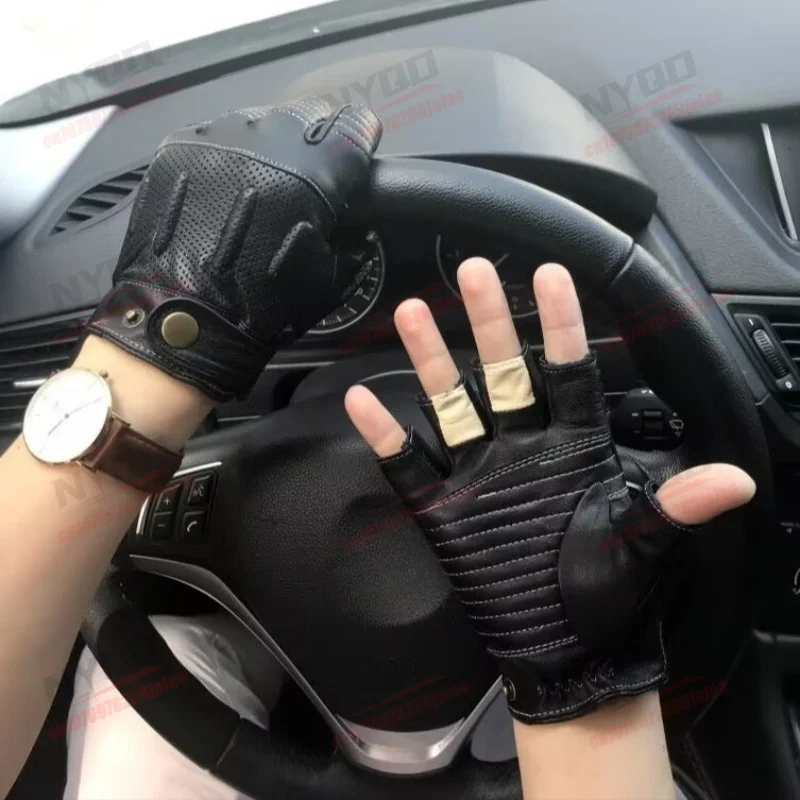 Motorcycle Riding Gloves for Men and Women in All Seasons Non Slip Half Finger Sheepskin Gloves, Retro Wear-resistant Gloves