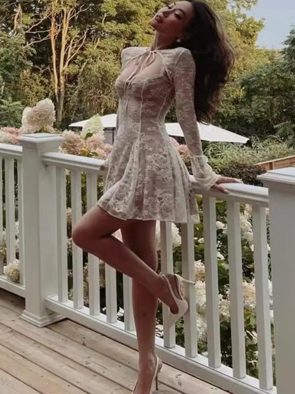 

Нежный кружевной комплект Sweet Ele: сексуальный топ и юбка А-силуэта, французский стиль, с длинными рукавами, на одно плечо