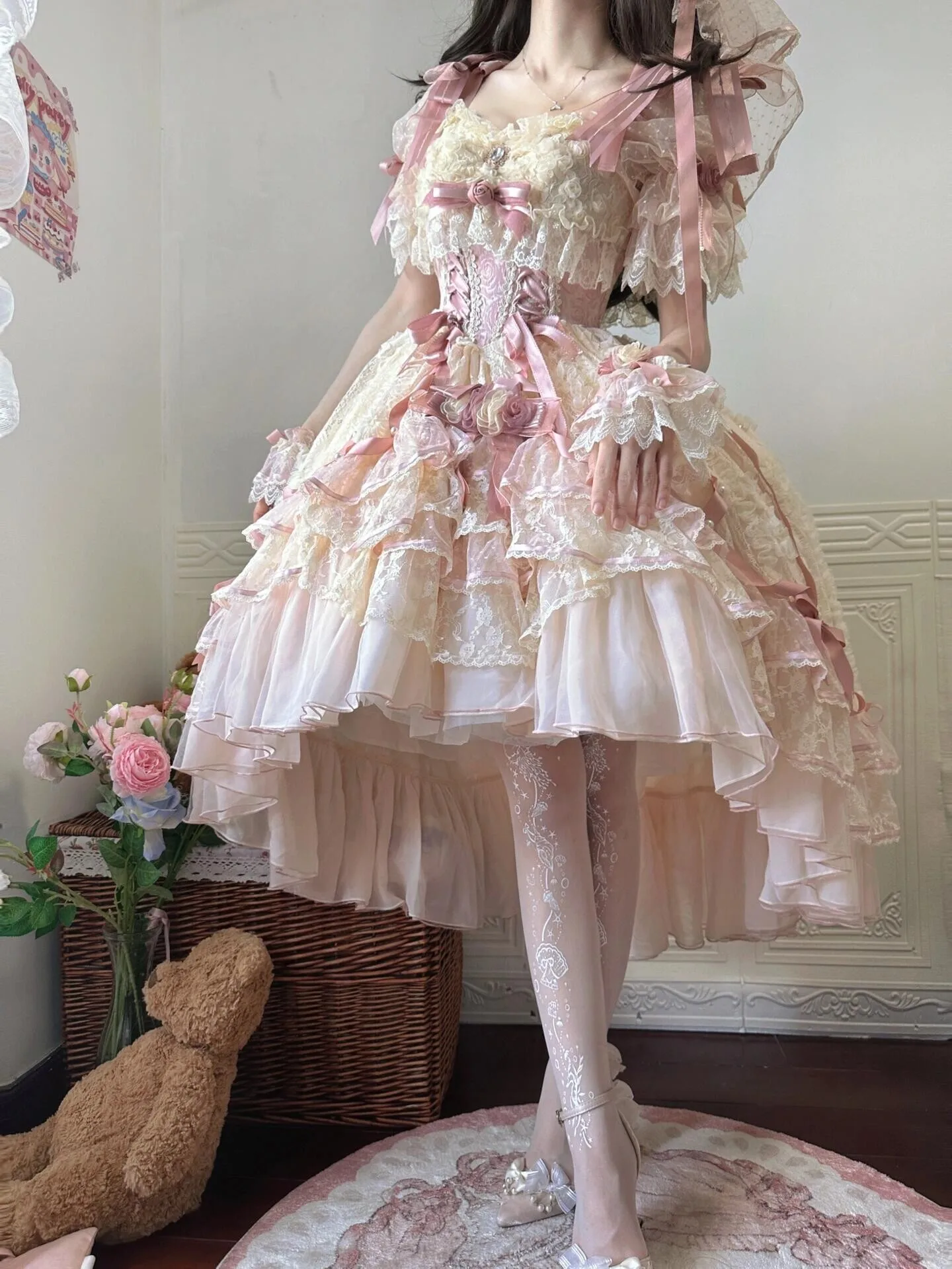 Coalfell Gorgeous Lolita Flower Wedding Dress Women Sweet Bow Lace Slim Lo Dress Elegant Short Princess Birthday Dresses