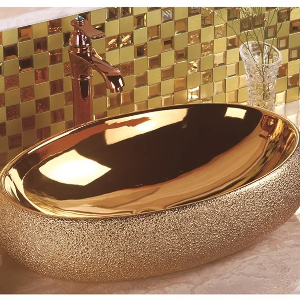 Luxury rose gold art basin electroplated wash basin Oval embossed bubble glaze ceramic basin