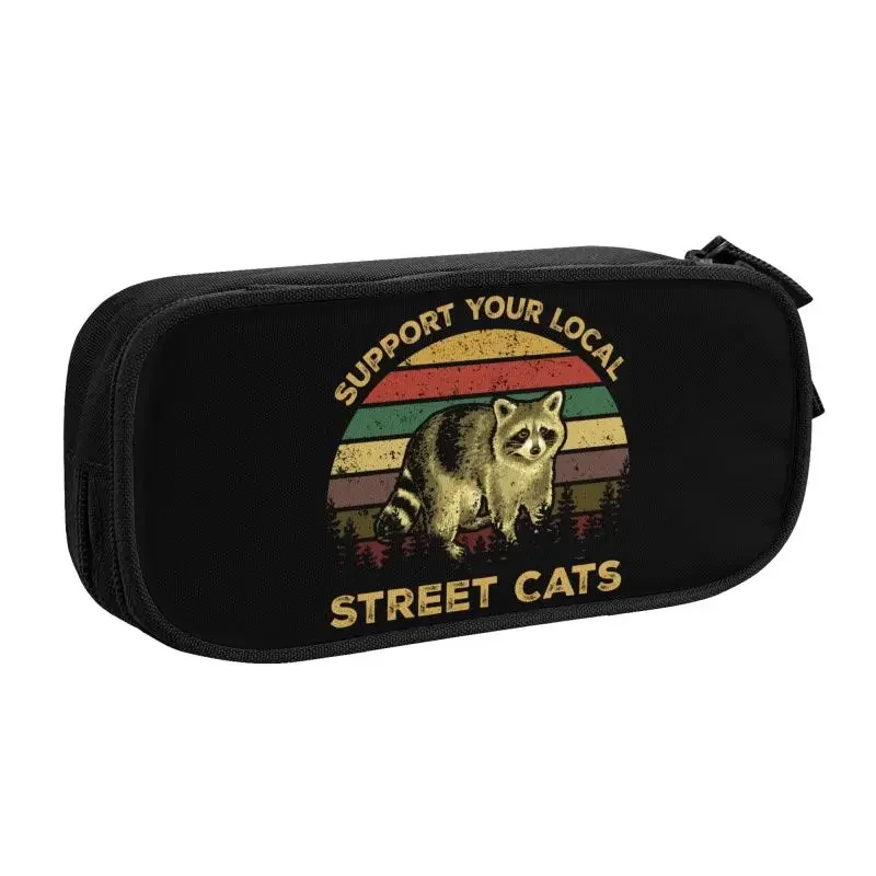 Vintage Support Your Local Street Cats Raccoon Pencil Case for Boy Girl Large Capacity Racoon Panda Pencil Pouch School