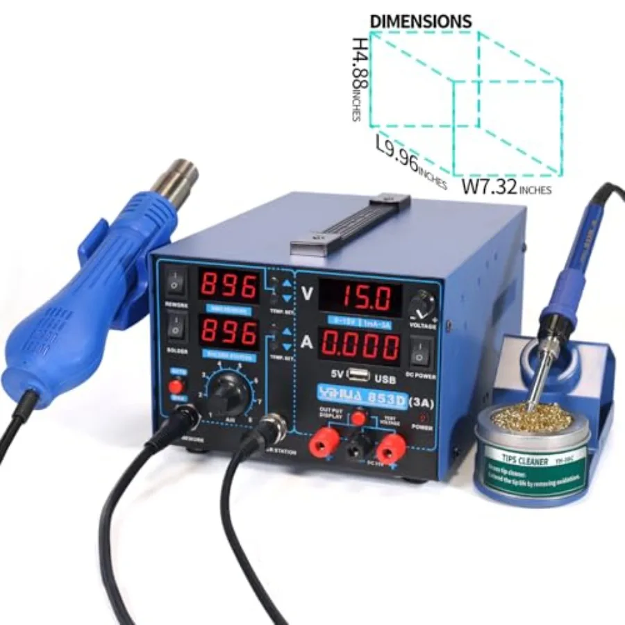 853D USB 3A-Three Tools- Soldering Station, Hot Air Rework Station and Power ply 0~3A, 0-15V with output and test modes. Also º