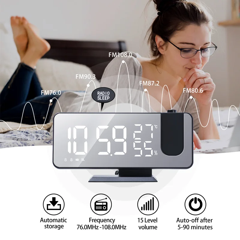 FM Radio Digital Projection Alarm Clocks Led Table Clocks Wake Up Clock Temp Humidity with 180° Projection Snooze Digital Clock