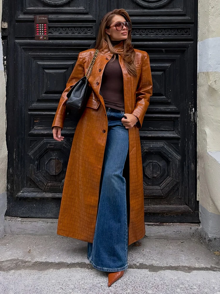 Luxury Embossed Faux Leather Long Coat Lady Retro High Collar Wrap Front Straight Maxi Overcoat 2026 Fall Street Style Outerwear