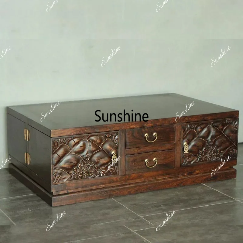 Chinese solid wood four-sided box storage multi-bucket coffee table, carved coffee table