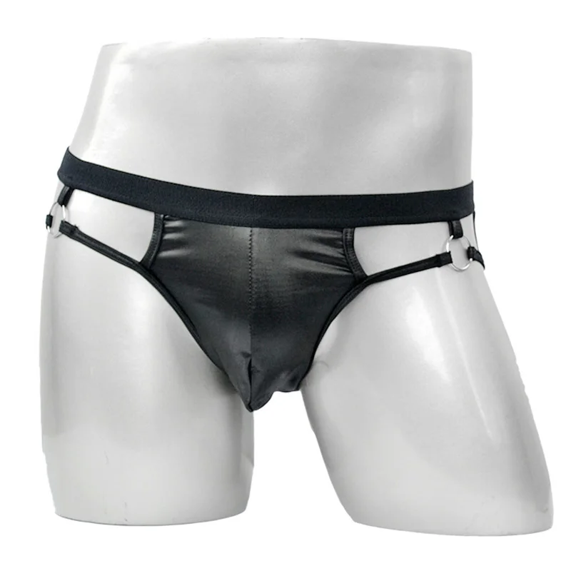 1PCS Men\'s Sexy Underwear Artificial Leather Metal Ring Thong Jock Strap Underpants Exotic Apparel One Size Black Color