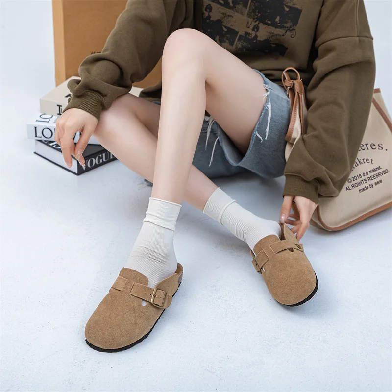 Leather Mules Women Half-Slippers Belt Buckle Sandały Damskie Thick Flat Sole Sapatos Femininos De Luxo Solid Khaki Color Shoes