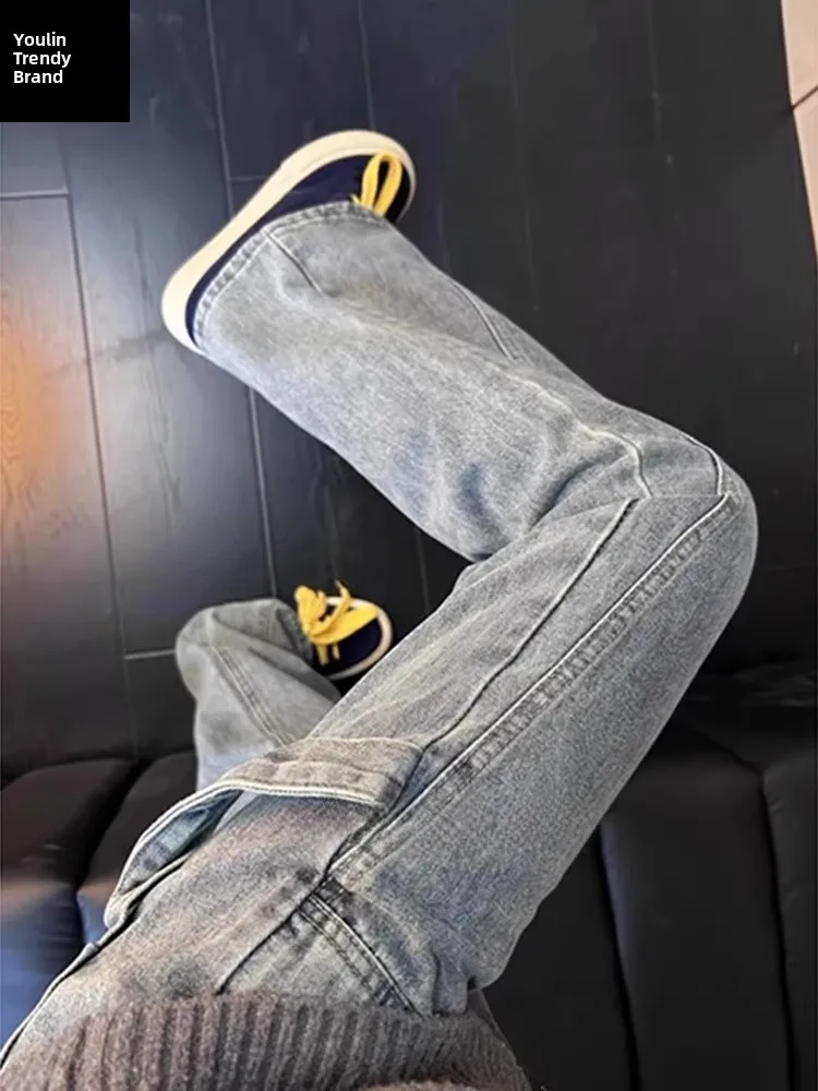Blue American Retro Splicing Pleated Angle Cut Jeans Men's Loose Straight Leg Micro Flared Logging Workwear Trousers