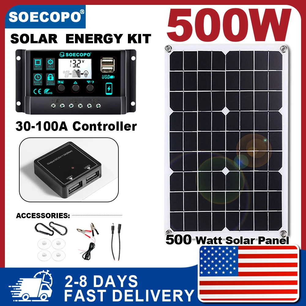 

(U.S Stock 2-8 Days)Solar Panel Kit complete 18V Cell 10A-100A Controller For Phone RV Caravan Home Camping Outdoor Battery