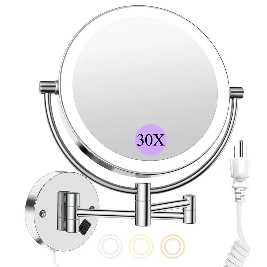 

Mounted Makeup Mirror with Lights, 30X 1X DoubleSided Magnifying, Plugin Lighted Vanity Mirror with 3 Color Modes, Dimmable Brig