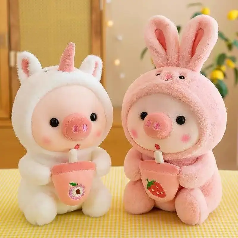Peluche de cerdo burbujeante Kawaii de 25 cm, animal de peluche, conejo, rana, tigre, almohada suave, muñeco de peluche de té con leche Boba para niños y niñas, regalo