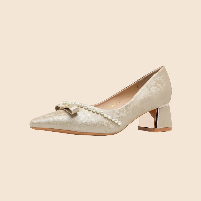 French Style Women's Ladyshoes Comfortable Single Pointed Closed Toe Thick Middle Heel PU Insole Available Large Sizes Slip-On