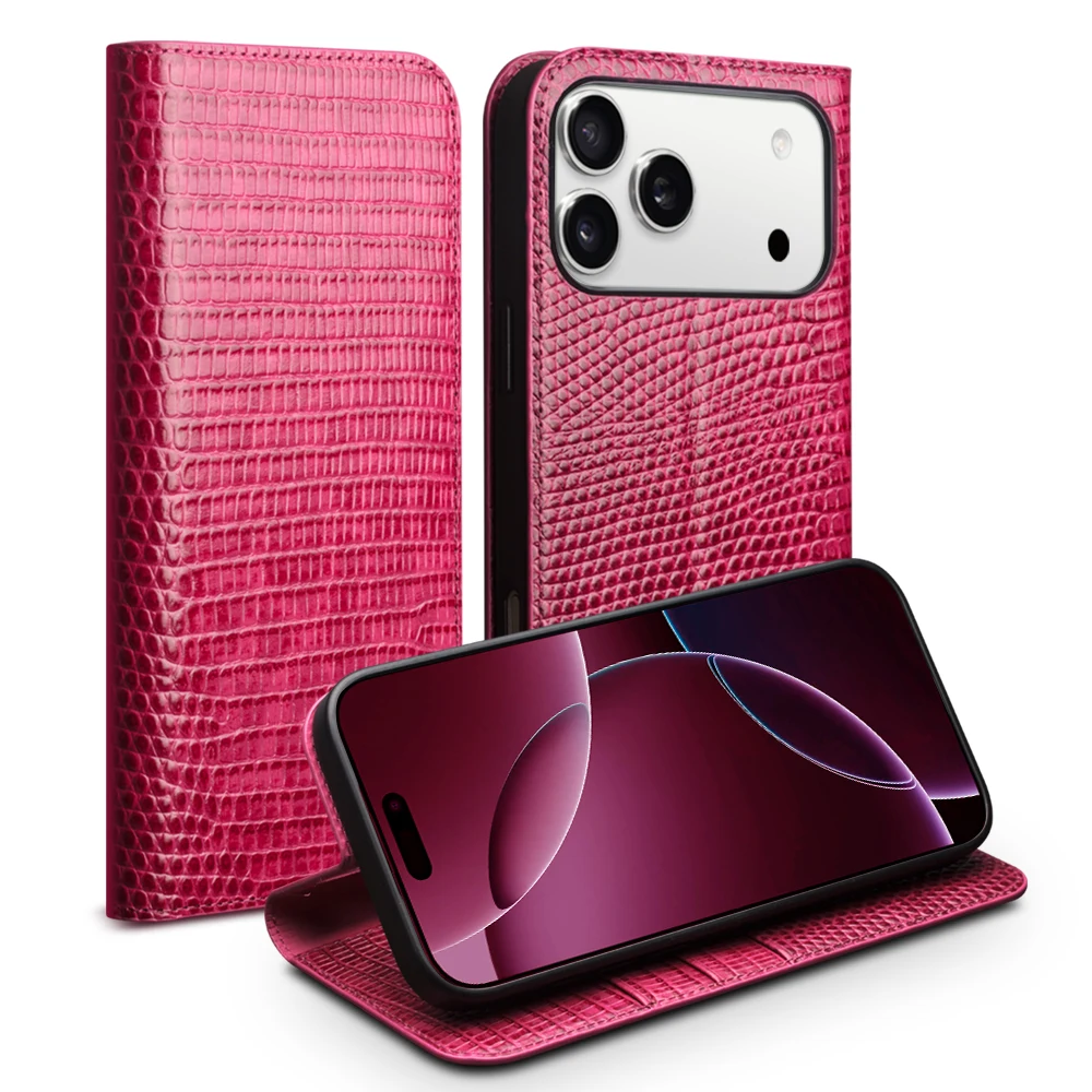 

QIALINO Case for iPhone 17 Pro Max Luxury Ultra Slim Genuine Leather Wallet Card Slot Flip Cover for iPhone 17 Pro/Air Pink