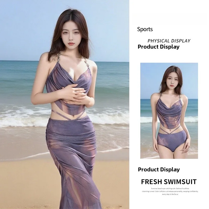 

Sexy Tie-Dye Bikini Tee-Piece Set with Steel Support Women's Swimsuit Vaion Beachwear Strapl Long Dr Swimsuit