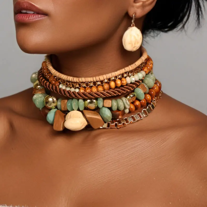 

1Pc Bohemia New Handmade Beaded Wooden Bead and Natural Stone Multi-Layer Necklace and Earring Set,Personalized Jewelry Gift