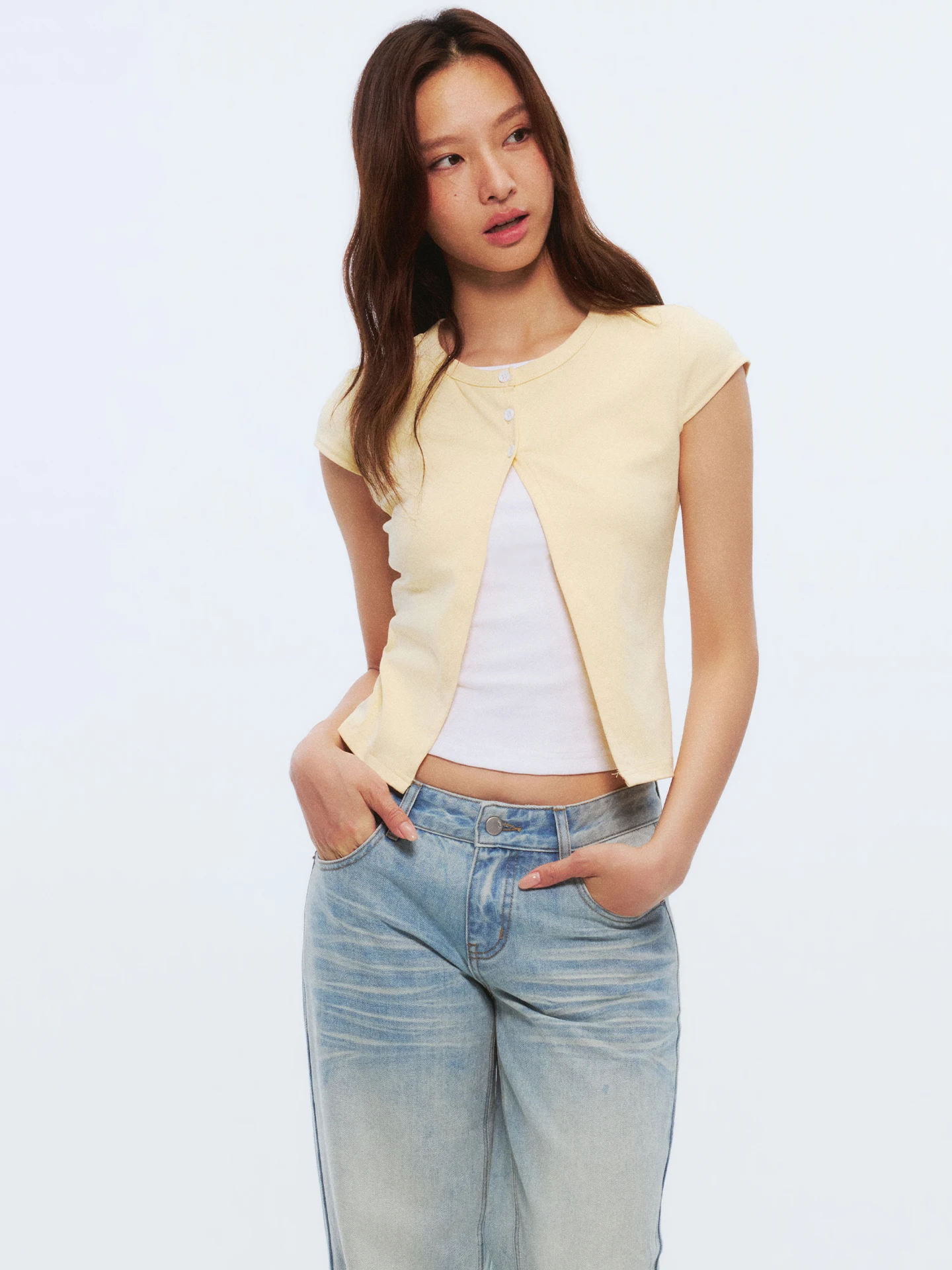 Heyabc Korean Style round Neck Color Block Short Sleeve T-Shirt Women Summer Versatile Button Split Design Top Fashion Trend ...