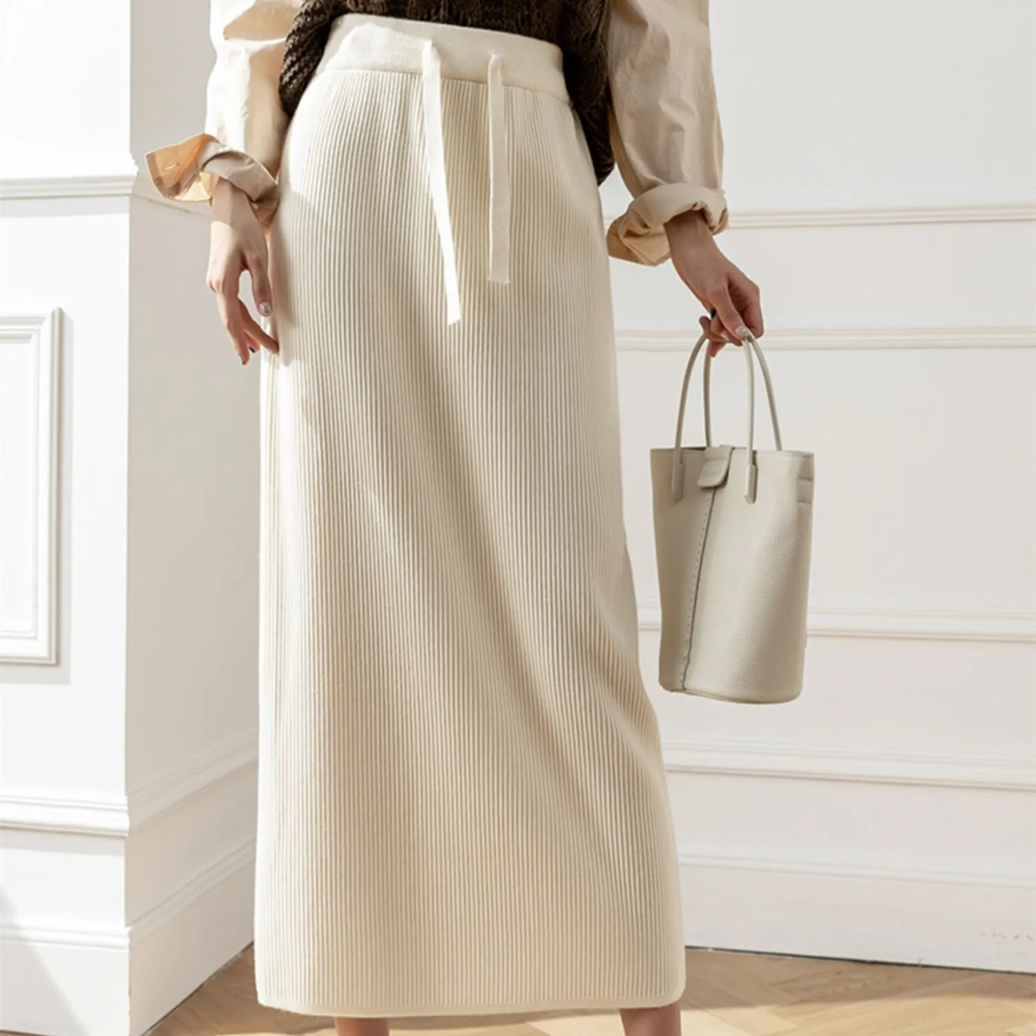 Outono inverno nova moda feminina cor sólida simples básico casual na moda cordão tornozelo comprimento saias de malha roupas femininas