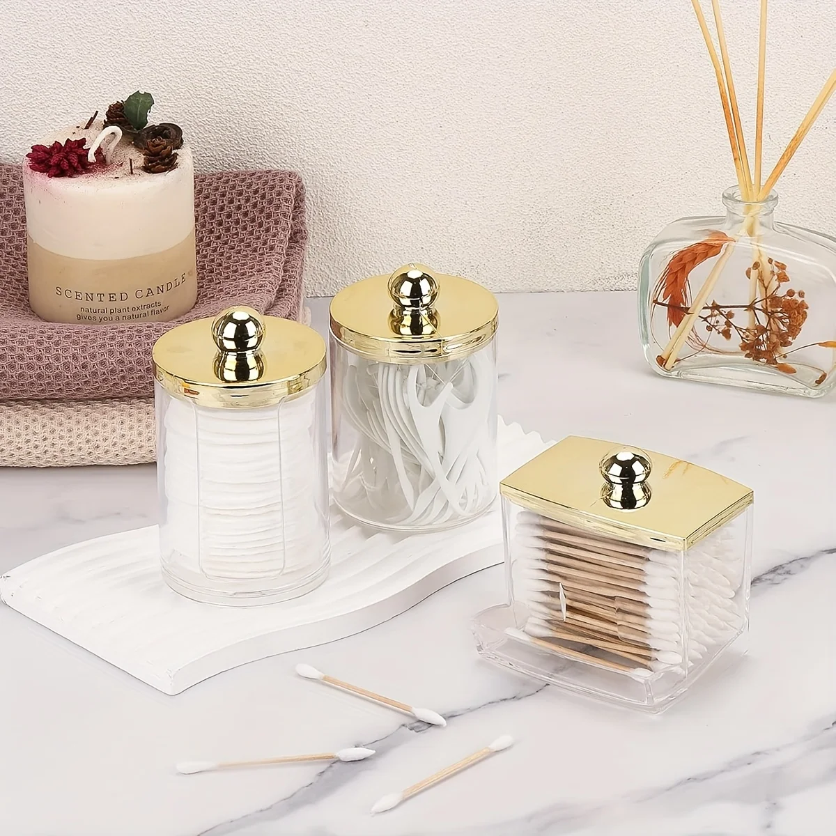 Qtip Holder Bathroom Container 10/7oz Cotton Ball Cotton Swabs Pads Dispenser Apothecary Jar with Golden Lids Organizer Storage