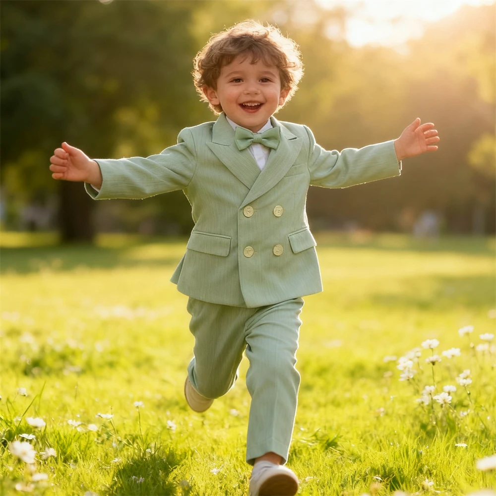 2-14 Yrs Toddler 3-Piece Suit Set Double Breasted Suit Jacket Pants Bowtie Birthday Communion Party Suit for Children