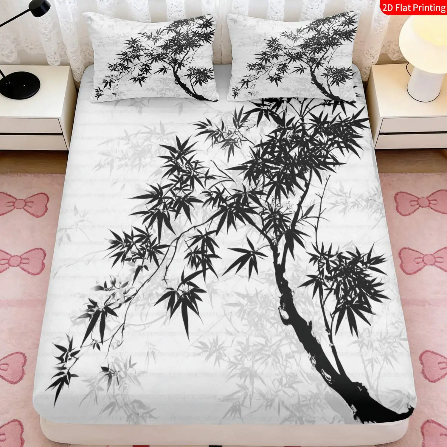 3-Piece Mattress Protector Set, 2D Flat Printed Fitted Sheet, Modern Minimalist Chinese-Style Bamboo Leaf Fitted Sheet Set, Fitted Sheet and Pillowcase, Home Bedroom Decoration, Holiday-Themed Fitted Sheet and Pillowcase, Mattress Protector, Stain-Resistant, Mattress Cover, Suitable for All Seasons, Machine Washable, Easy to Care For, Universal for Home Bedroom, Essential for Dormitories and Rentals, Master Bedroom and Guest Room Decoration, Dust-Proof and Stain-Resistant, High Elasticity, Fits Various Sizes