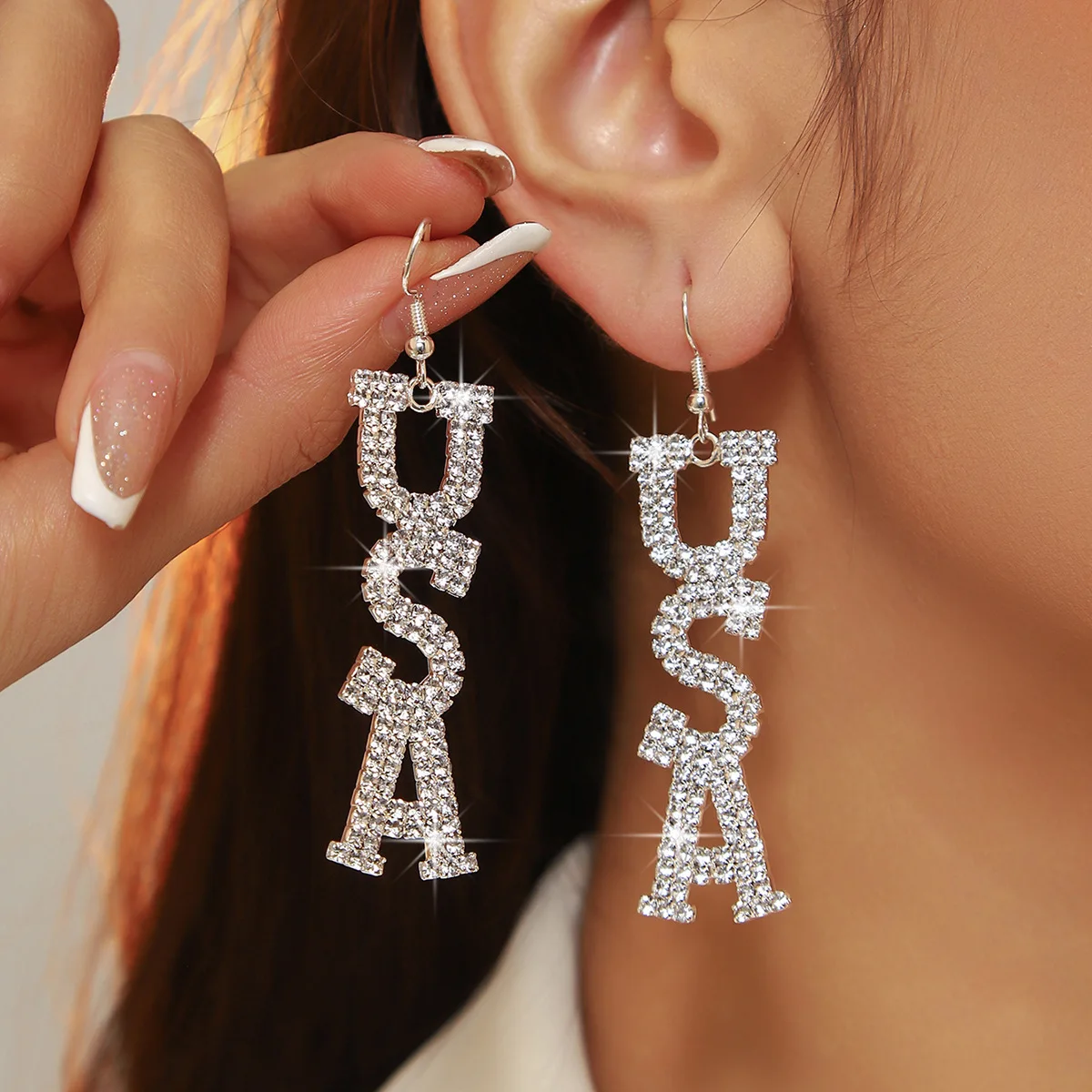 American Letters USA Shiny Long Rhinestone Earrings Women's Full Copper Tassel Earrings Imported Rhinestones
