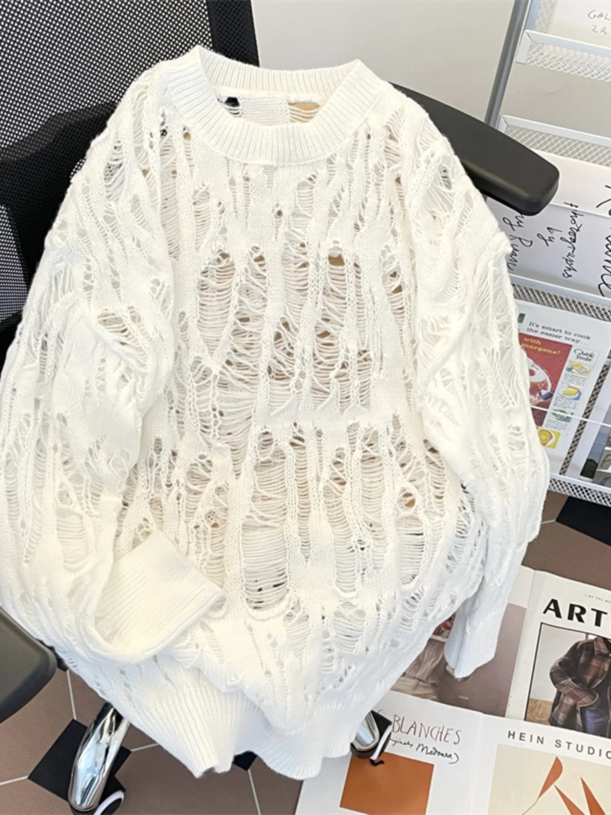 

Trendy Men's Loose Knitted Sweater Spring Autumn Hollow out Casual Sle Couple's Faionable Loose Line Coat