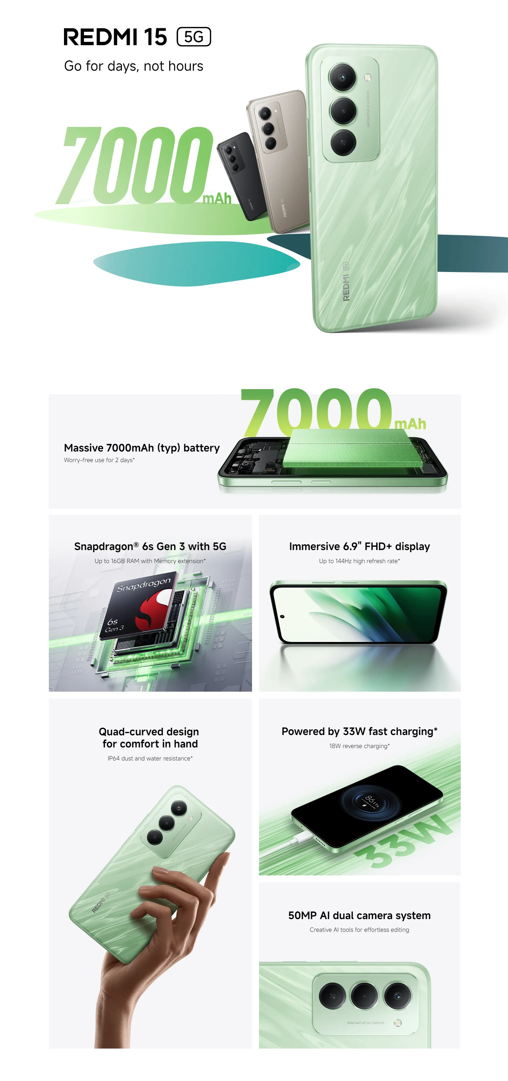 Redmi 15 5G Global Version Snapdragon® 6s Gen 3 7000mAh (typ) 33W Battery Smartphone 6.9" 144Hz Display 50MP AI Camera
