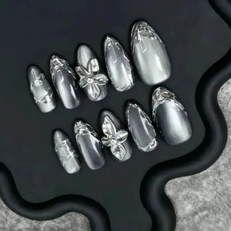 

10 шт., накладные ногти в стиле темного металла, кошачий глаз, накладные ногти, 3D серебряные, нерегулярные линии, накладные ногти Y2k, миндалевидные наклейки для ногтей ручной работы